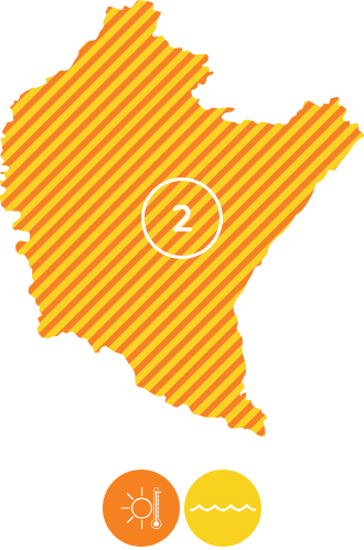 Mapa w kształcie województwa podkarpackiego w żółto-pomarańczowe paski z oznaczeniem stopnia 2 w białym okręgu. Na dole ikony przedstawiające zagrożenie upałem i wysokim poziomem wód – odpowiednio pomarańczowa z termometrem i słońcem oraz żółta z falami wody.