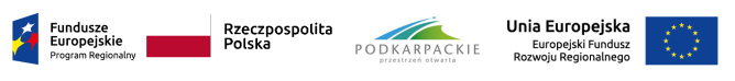 Grafika zawierająca logotypy czterech instytucji związanych z funduszami europejskimi i województwem podkarpackim. Od lewej:   1. Logo **Fundusze Europejskie Program Regionalny** – symbol z żółtą gwiazdą na granatowym tle. 2. **Rzeczpospolita Polska** – biało-czerwona flaga Polski. 3. Logo województwa podkarpackiego z napisem **Podkarpackie przestrzeń otwarta** – przedstawia wzgórza w odcieniach zieleni i błękitu. 4. Logo **Unia Europejska Europejski Fundusz Rozwoju Regionalnego** – dwanaście gwiazd na niebieskim tle.  Grafika reprezentuje współpracę Polski, regionu Podkarpackiego i Unii Europejskiej w ramach funduszy regionalnych.