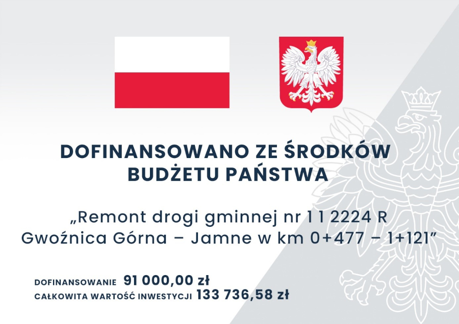 Dofinansowano ze środków budżetu państwa - Remont drogi gminnej nr 1 12224 R Gwoźnica Górna – Jamne w km 0+477 – 1+121