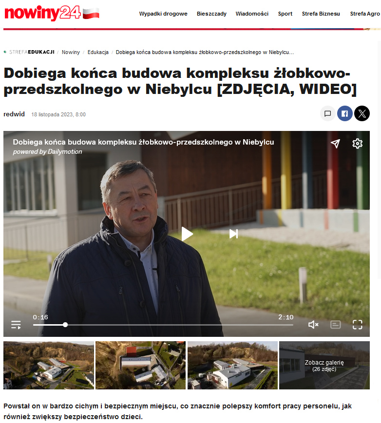 Zdjęcie Zbigniewa Koraba wójta gminy Niebylec wraz z tekstem Dobiega końca budowa kompleksu żłobkowo-przedszkolnego w Niebylcu [ZDJĘCIA, WIDEO], Powstał on w bardzo cichym i bezpiecznym miejscu, co znacznie polepszy komfort pracy personelu, jak również zwiększy bezpieczeństwo dzieci.