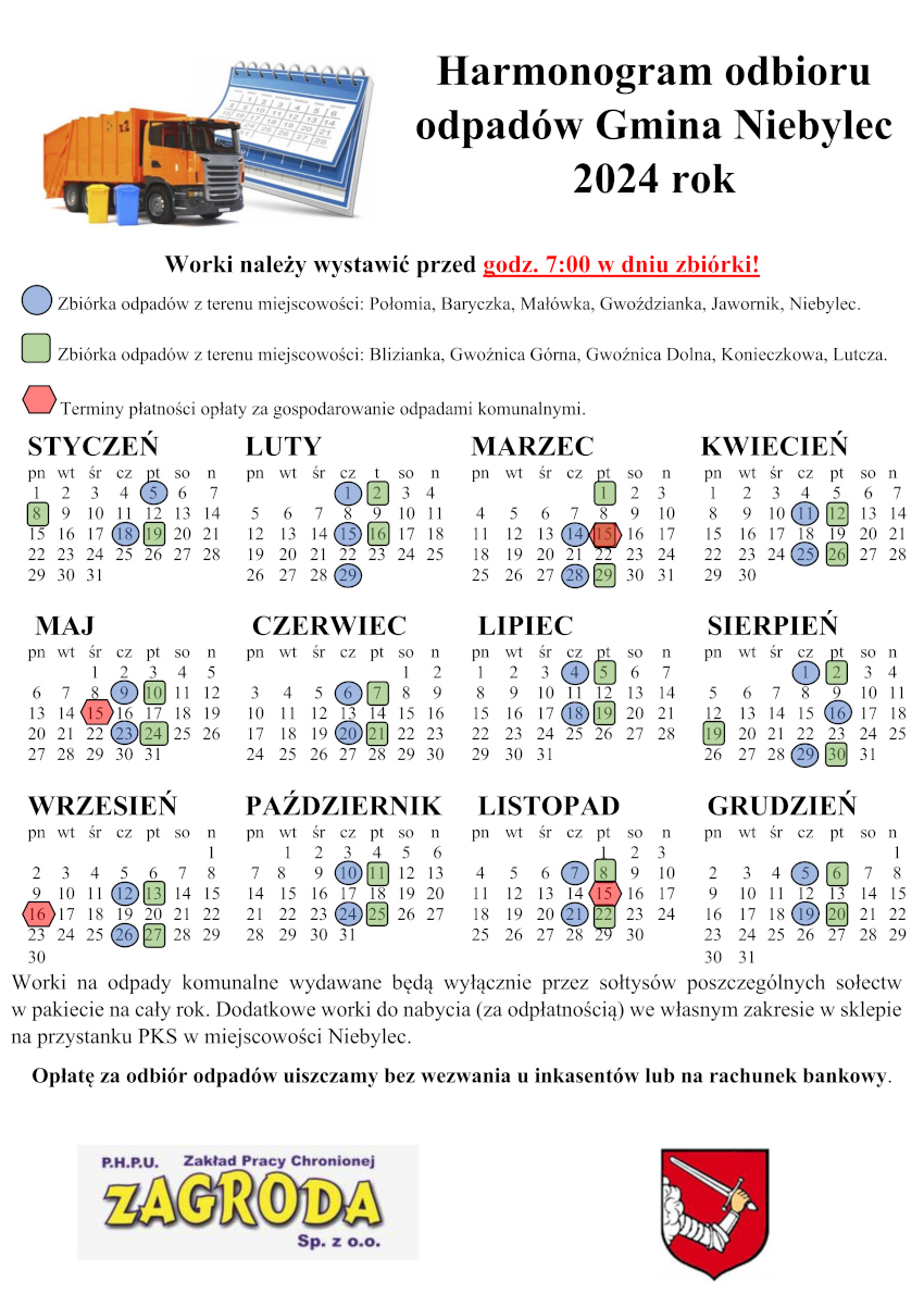 Harmonogram odbioru odpadów komunalnych na 2024 rok