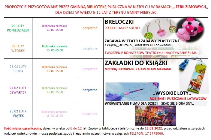 Infografika FERIE 2022  GMINNĄ BIBLIOTEKĄ PUBLICZNĄ W NIEBYLCU