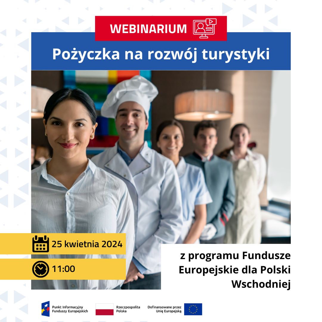 Tytuł Webinarium: “Pożyczka na rozwój turystyki”. Data i Czas: 25 kwietnia 2024, godzina 11:00. Tło: Plakat z pięcioma osobami, których twarze są zakryte brązowymi prostokątami. Ramka: Kolorowa, wzorzysta ramka wokół obrazu. Informacje dodatkowe: Wydarzenie jest częścią programu Fundusze Europejskie dla Polski Wschodniej.