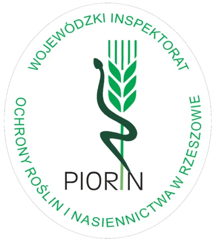 Okrągły znak z zielonym napisem „Wojewódzki Inspektorat Ochrony Roślin i Nasiennictwa w Rzeszowie” oraz symbolem kłosa i węża w kolorze zielonym. Po prawej stronie u góry znajduje się mniejsza wersja logo z napisem „PIORiN