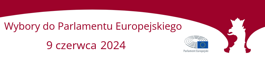 Wybory do Parlamentu Europejskiego”  Data wyborów: 9 czerwca 2024 Tło: Głęboka czerwień Tekst: Biały, informujący o wyborach do Parlamentu Europejskiego i dacie wydarzenia Emblemat: Koło z małymi gwiazdami, symbolizujące Parlament Europejski Ilustracja: Biały heraldyczny lew